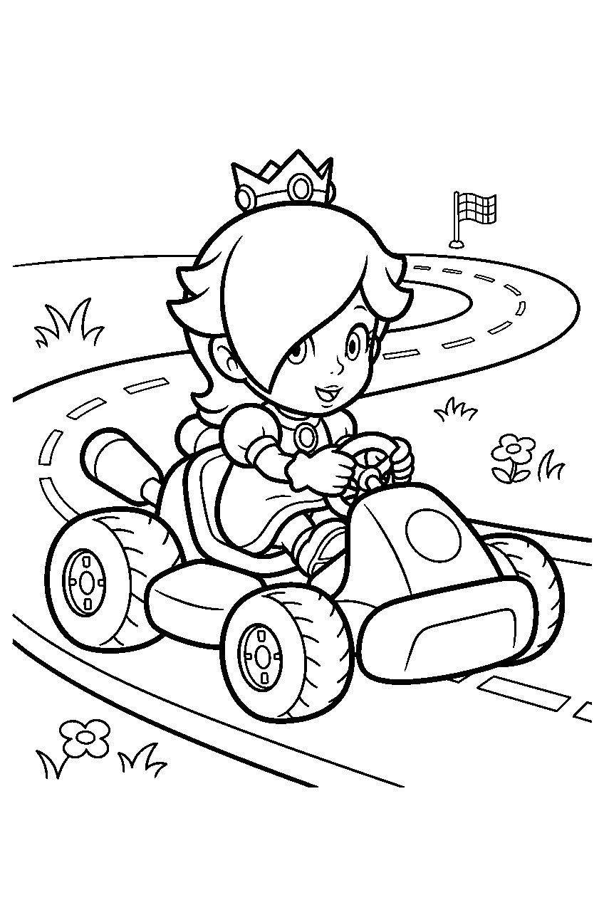 baby rosalina driving a rounded kart on a racetrack line art