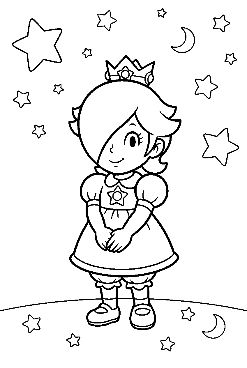 baby rosalina standing beneath stars line art