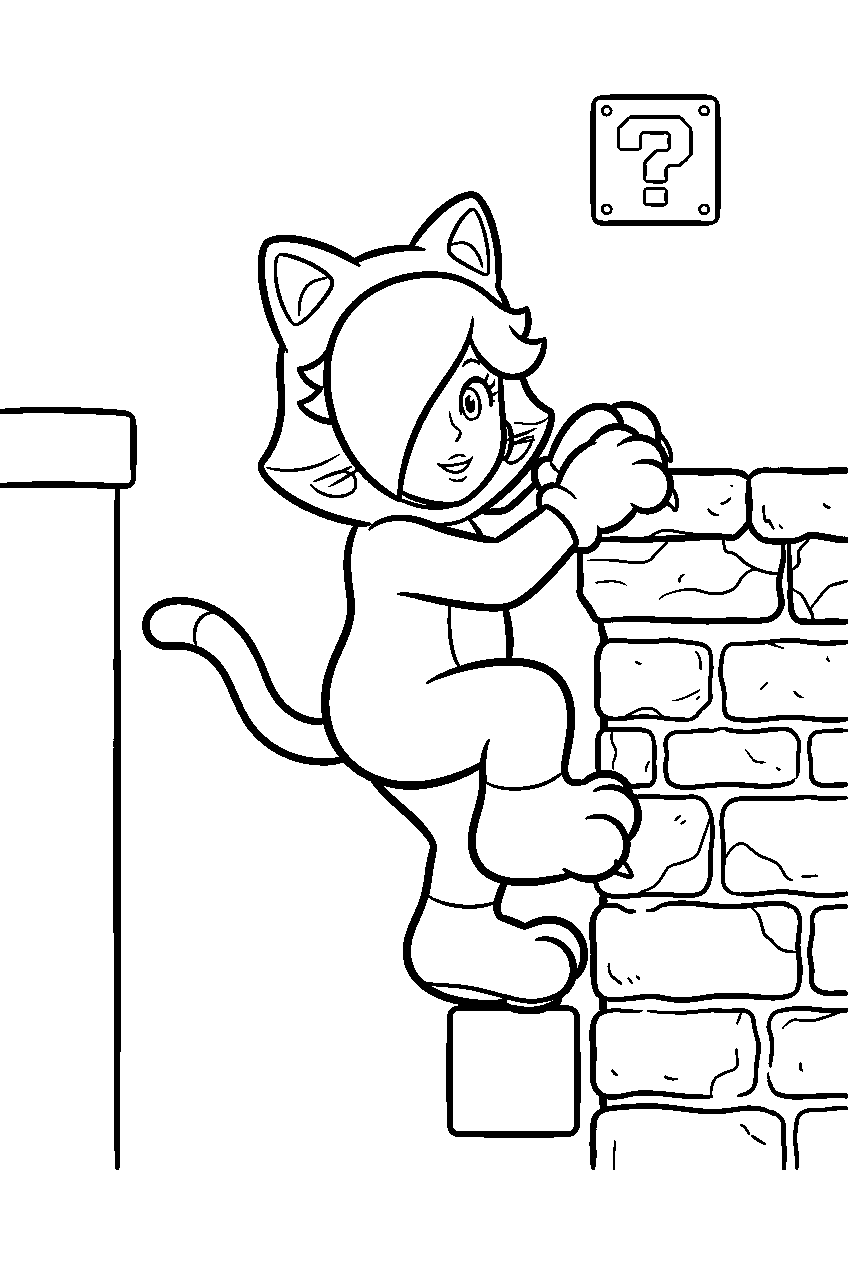 cat rosalina climbing a platform with pipes and blocks line art