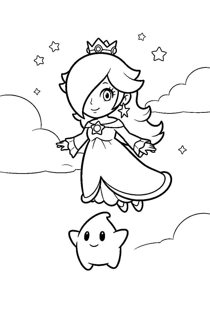 chibi princess rosalina floating in the sky with luma line art