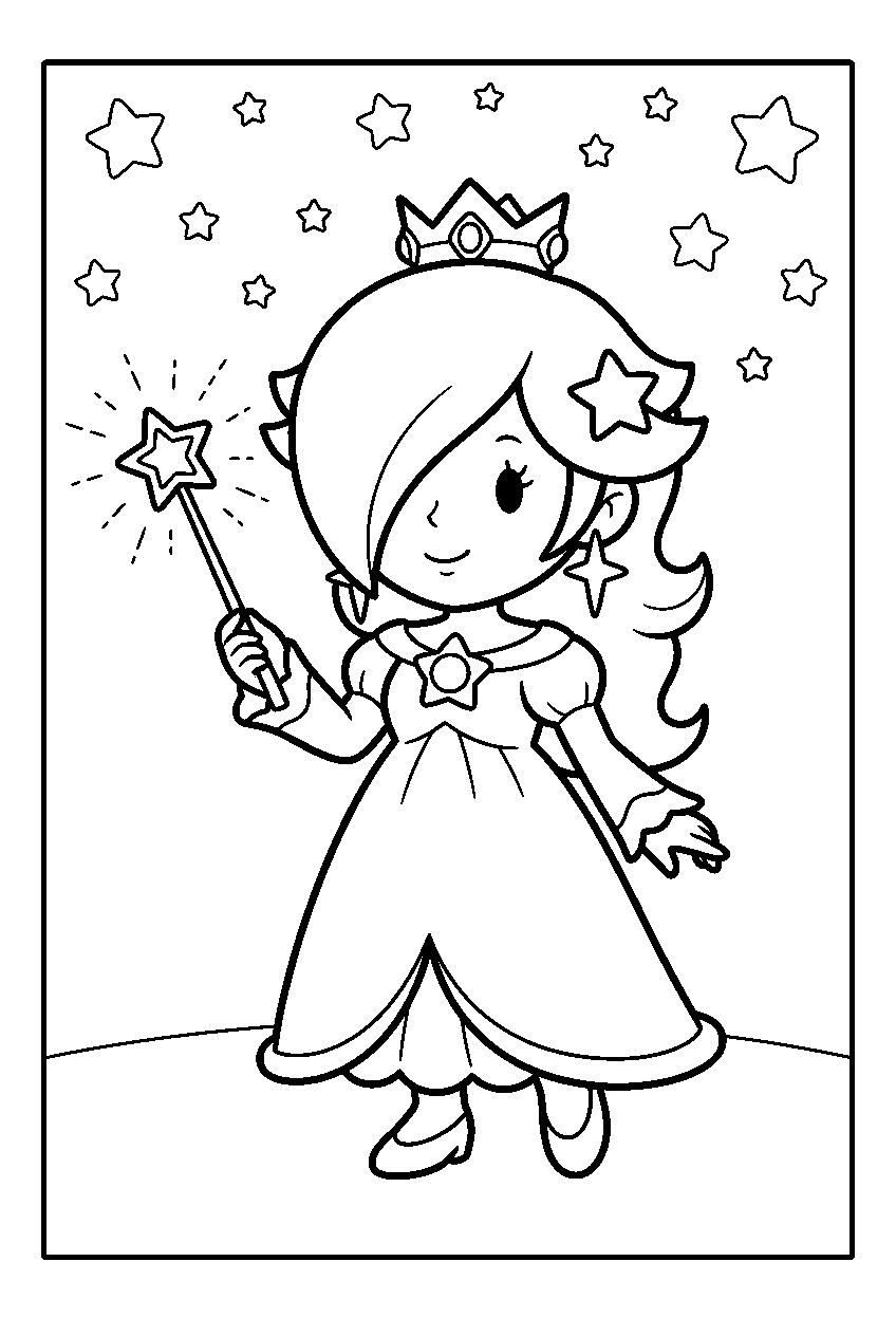 chibi rosalina holding a star wand beneath stars line art