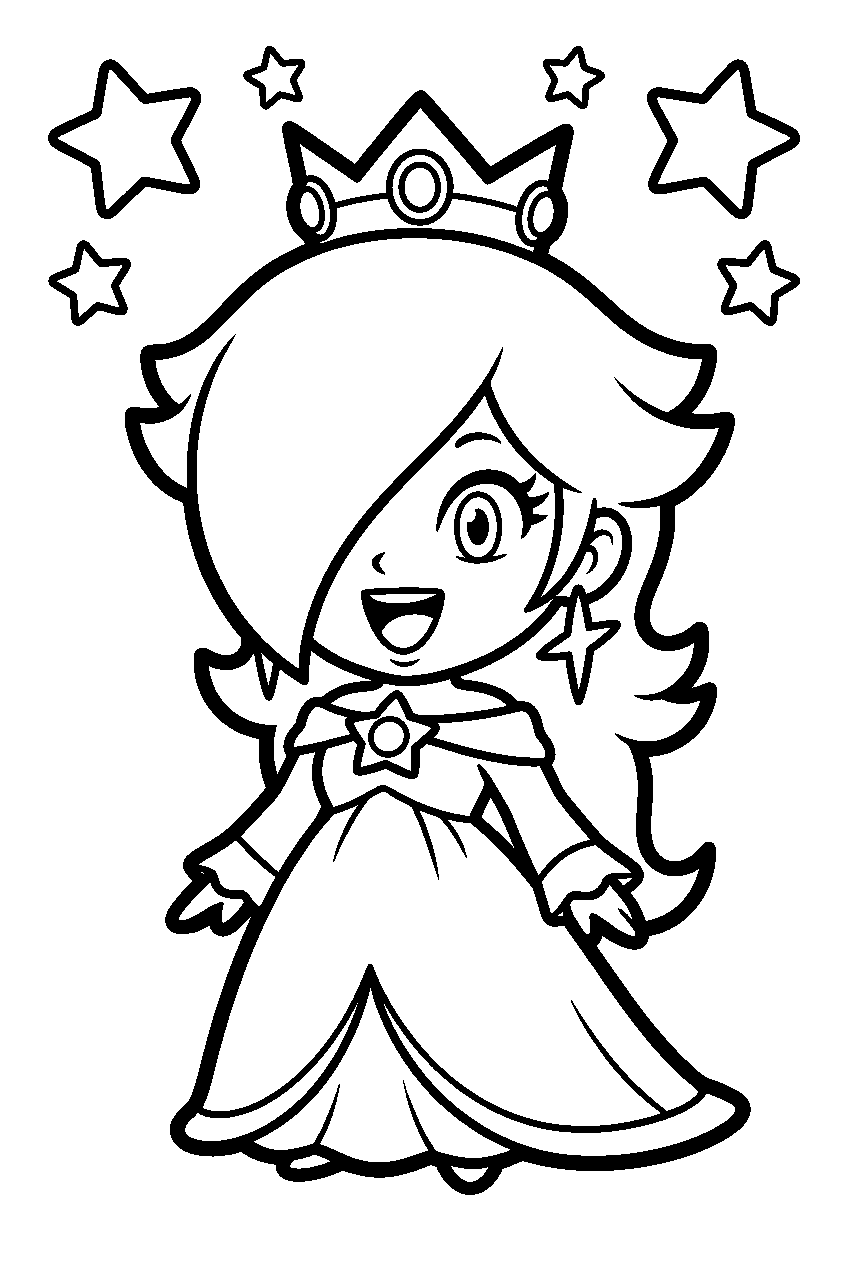 chibi rosalina wearing her crown and smiling beneath stars line art
