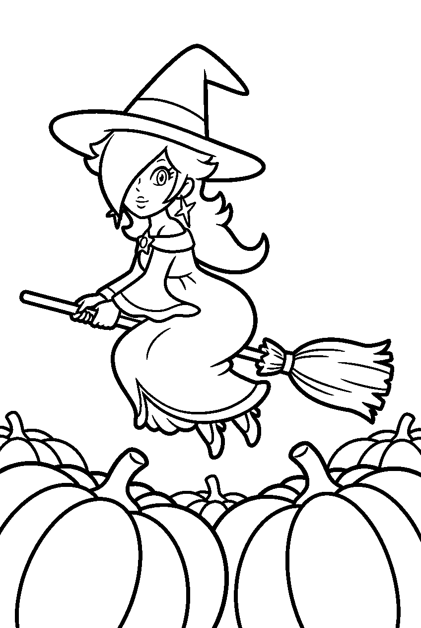 halloween rosalina dressed as a witch flying above pumpkins line art
