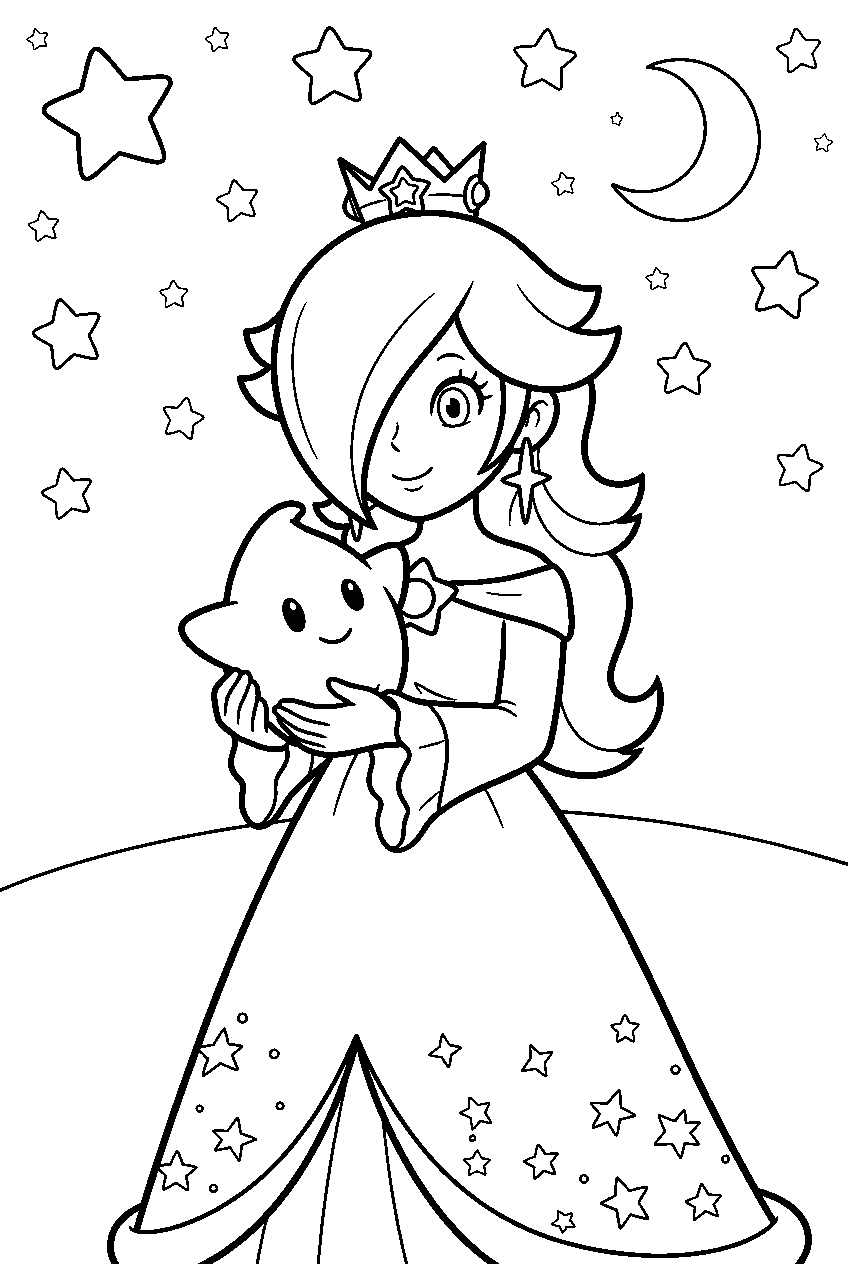kawaii rosalina holding luma beneath stars line art