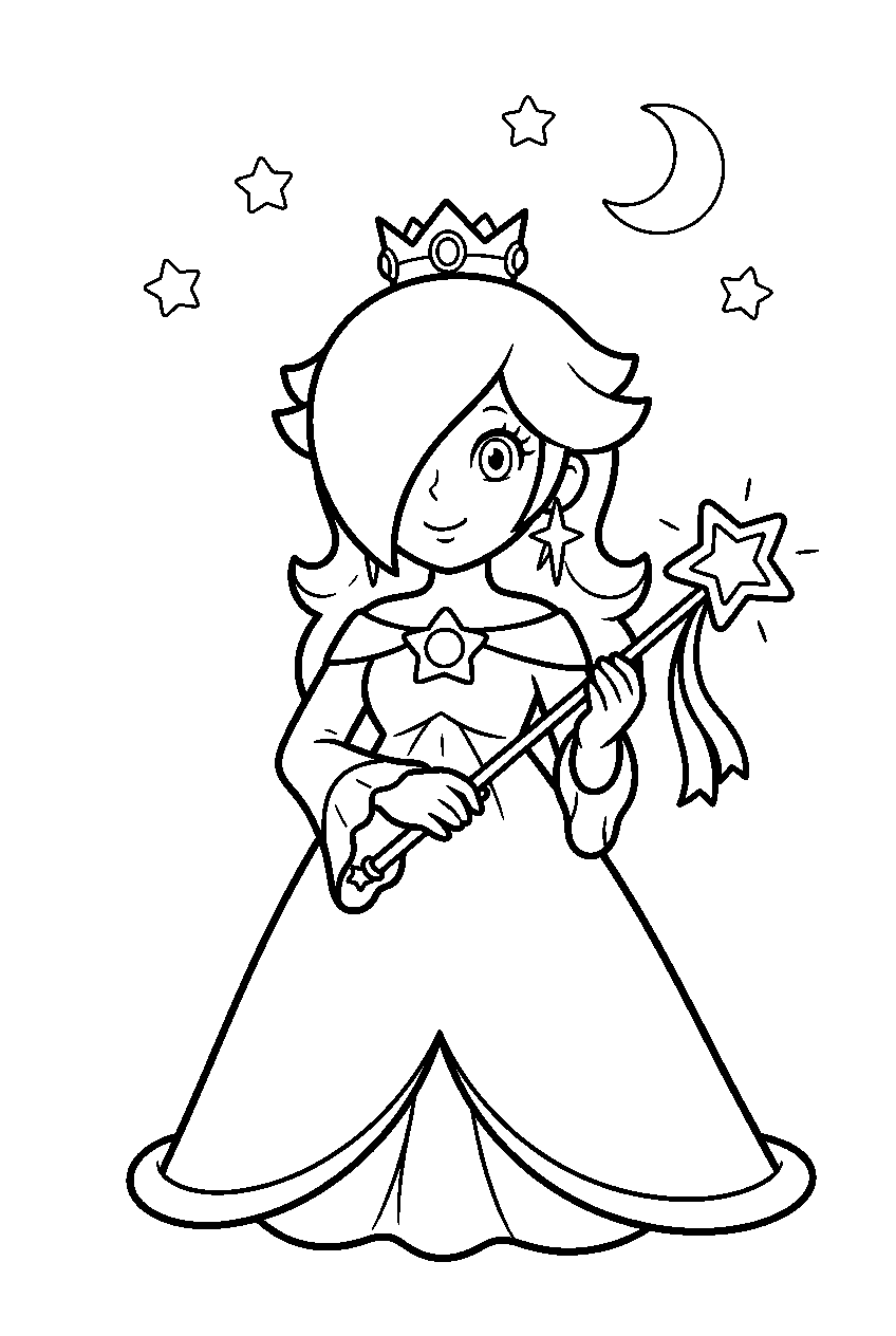 kawaii rosalina wearing her crown and holding a star wand beneath stars line art