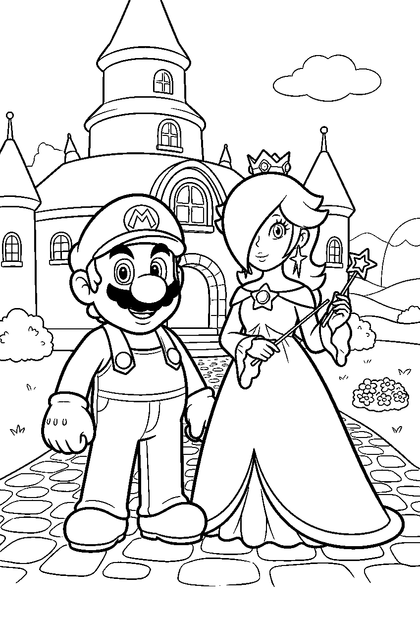 mario rosalina in castle courtyard line art