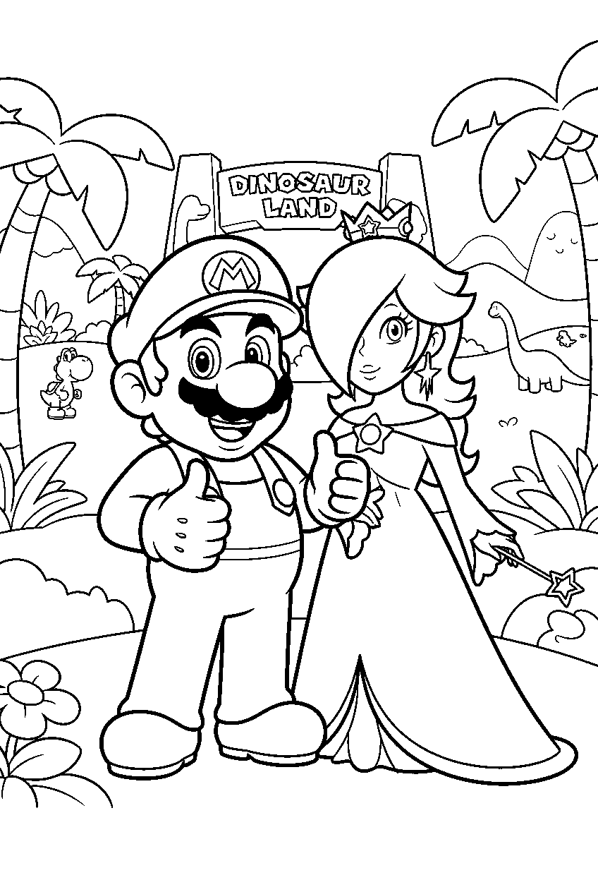 mario rosalina in dinosaur land line art