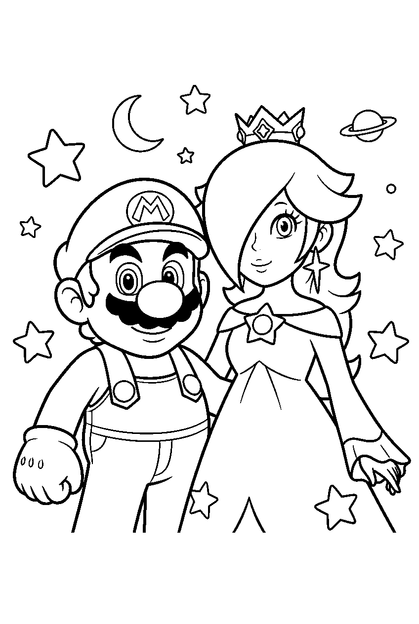 mario rosalina in outer space line art