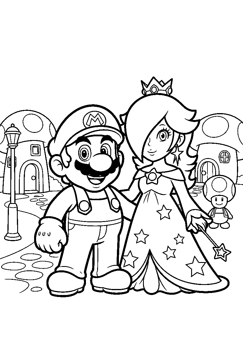 mario rosalina in toad town line art
