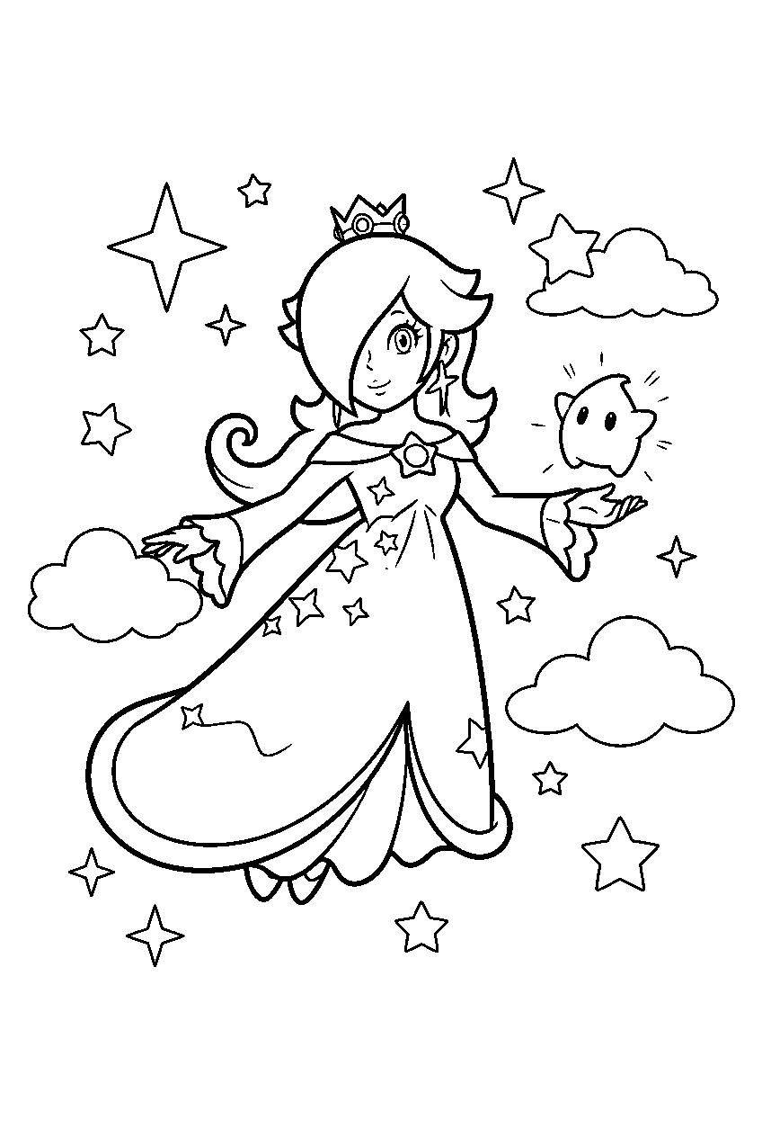 princess rosalina floating among stars and clouds line art