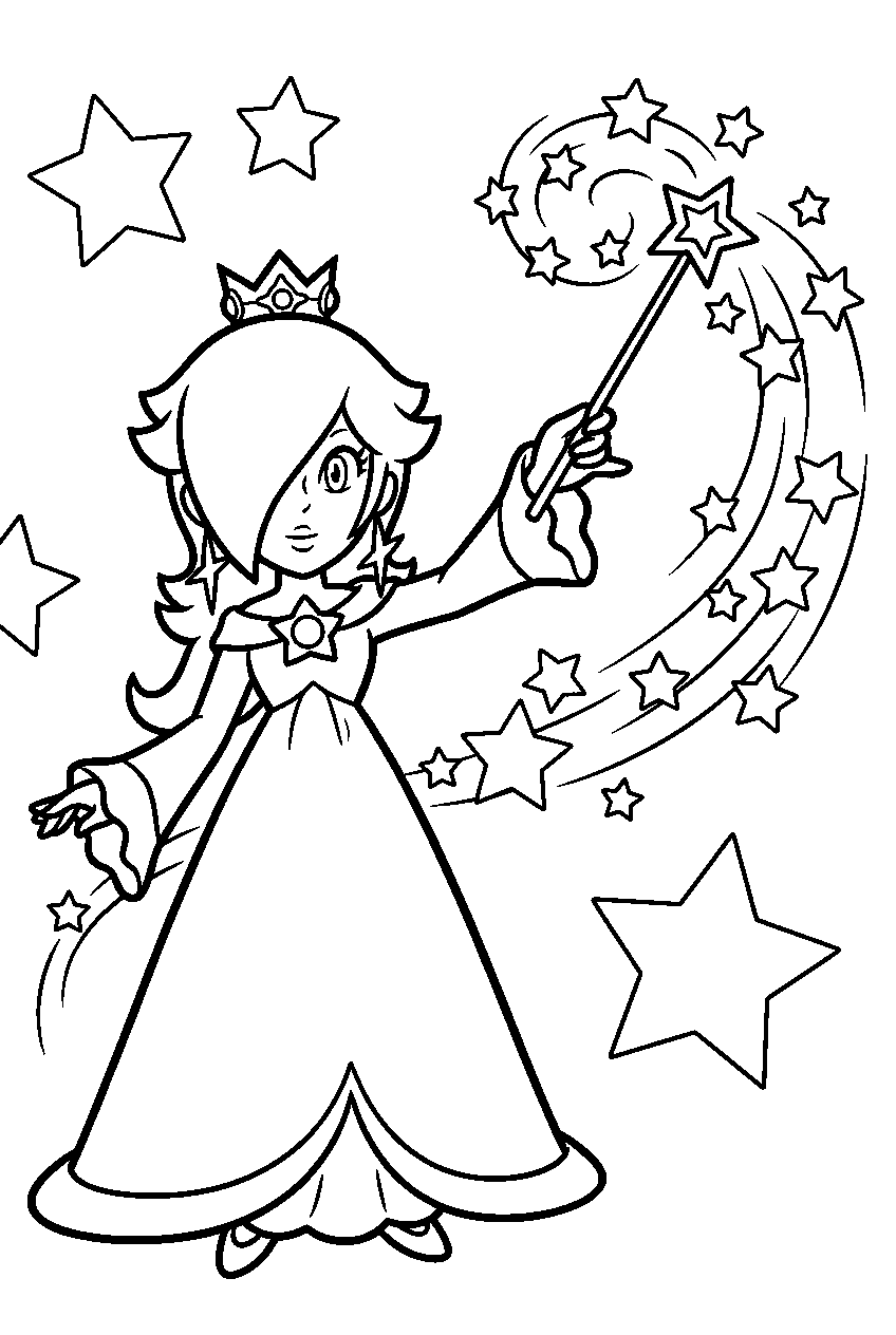 rosalina casting star shaped magic with her star wand line art