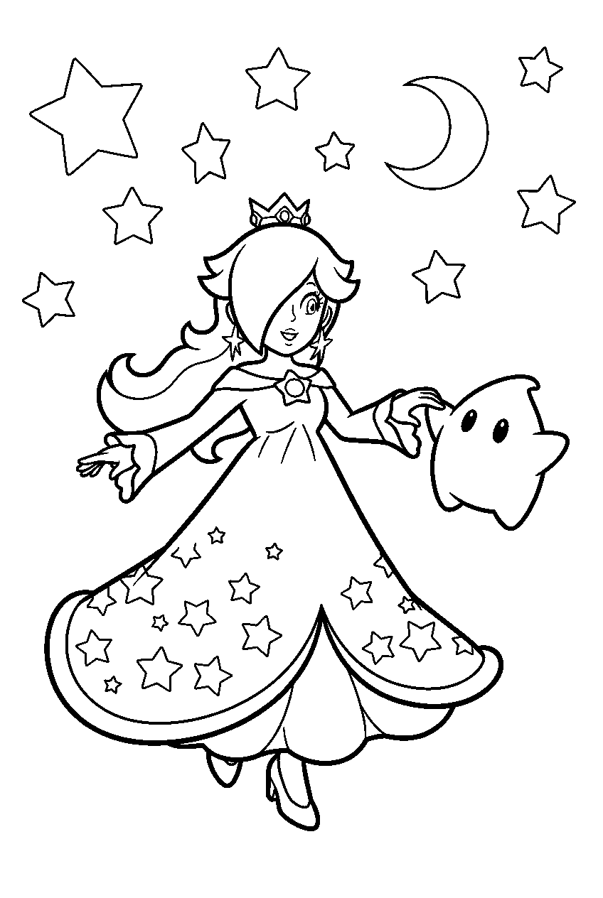 rosalina dancing with luma beneath stars line art