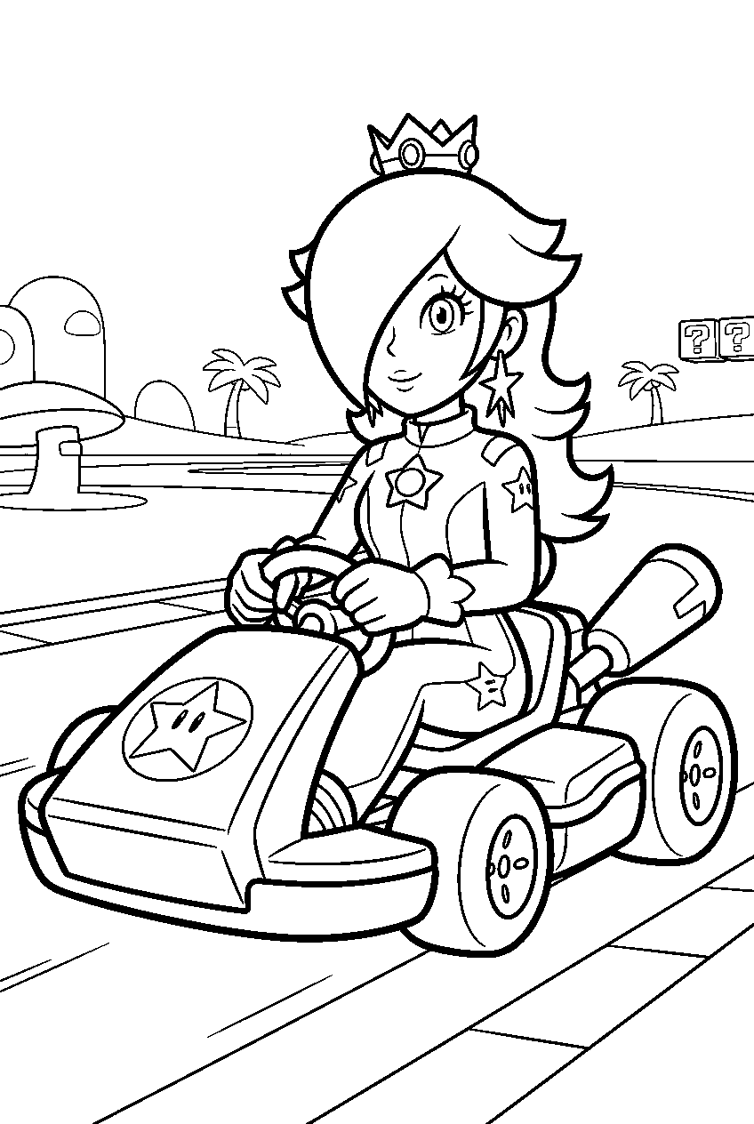 rosalina driving a mario kart 8 kart on a racetrack line art