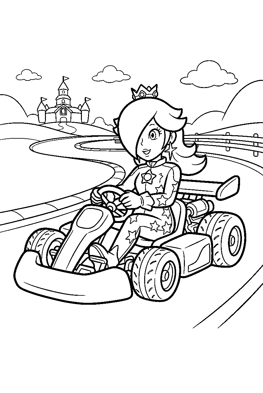 rosalina driving a racing kart on a mario kart track line art