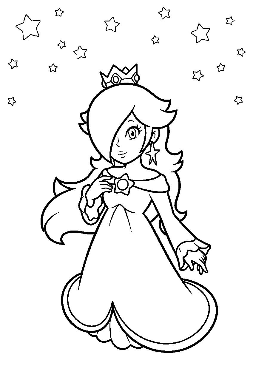 rosalina floating in space beneath stars line art