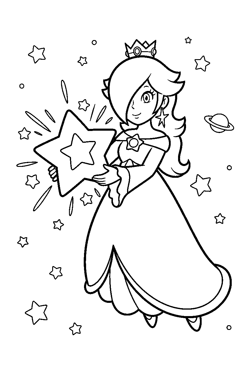 rosalina floating with a grand star in space line art
