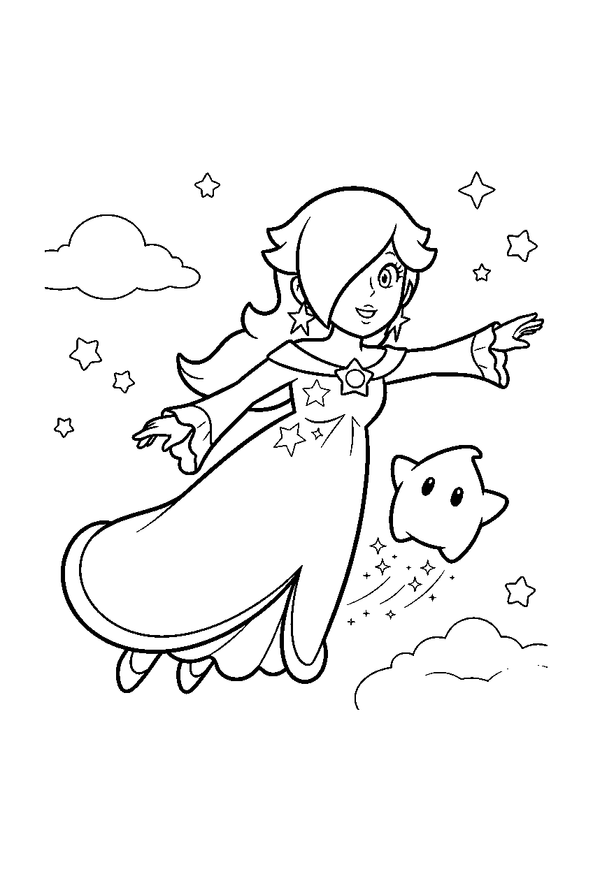rosalina flying in the sky with luma line art