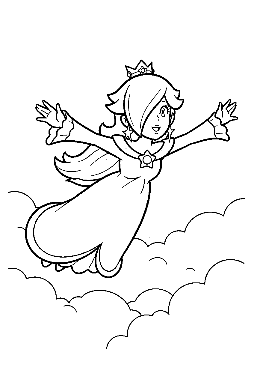 rosalina flying with outstretched arms above clouds line art