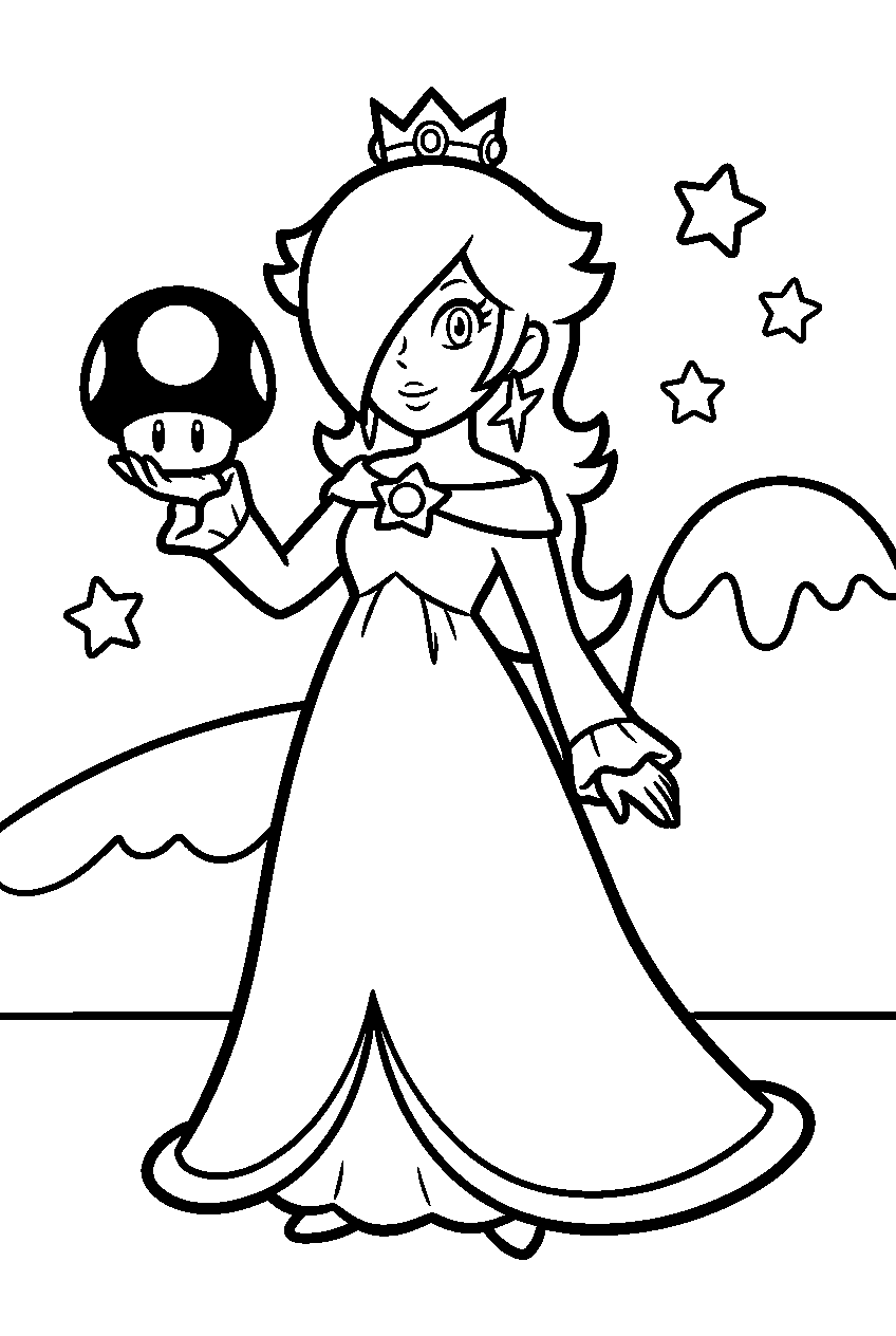 rosalina holding a 1 up mushroom in a mario world line art