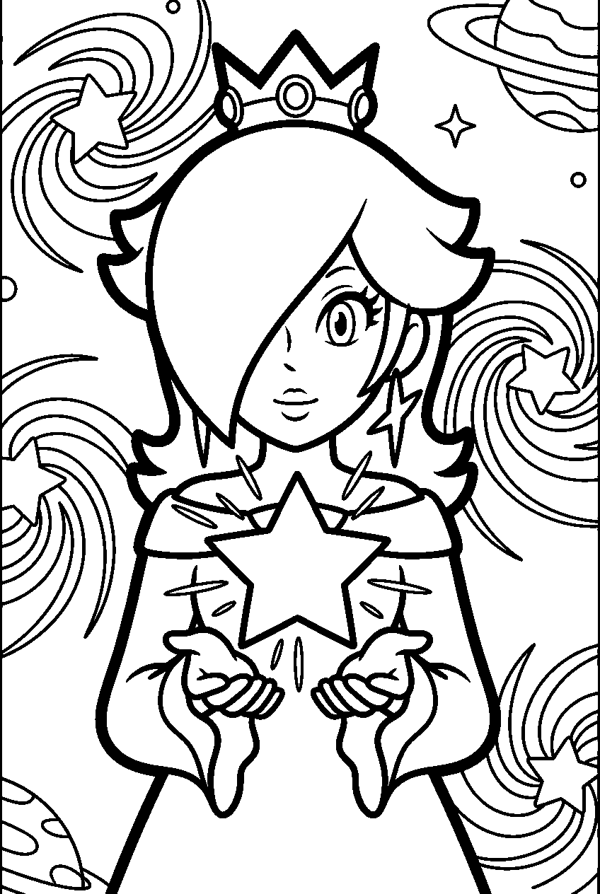 rosalina holding a glowing star in a galaxy line art