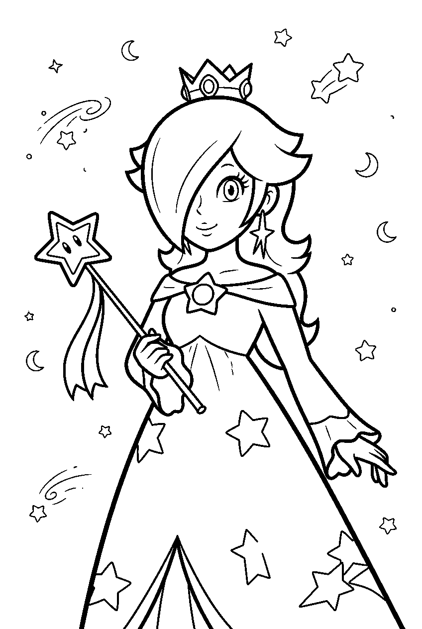 rosalina holding her star wand in a galaxy line art