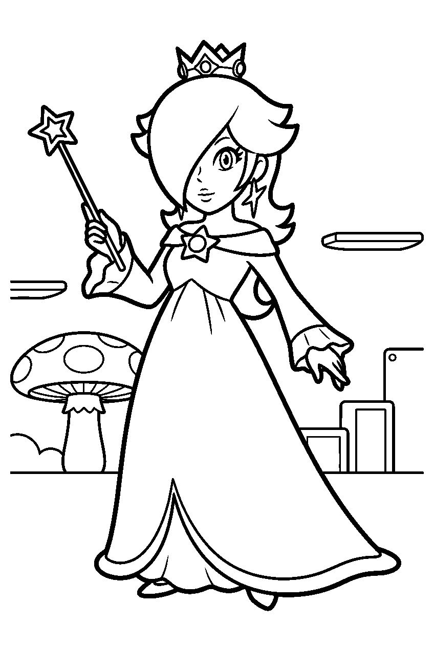 rosalina holding her star wand in a super smash bros battle arena line art