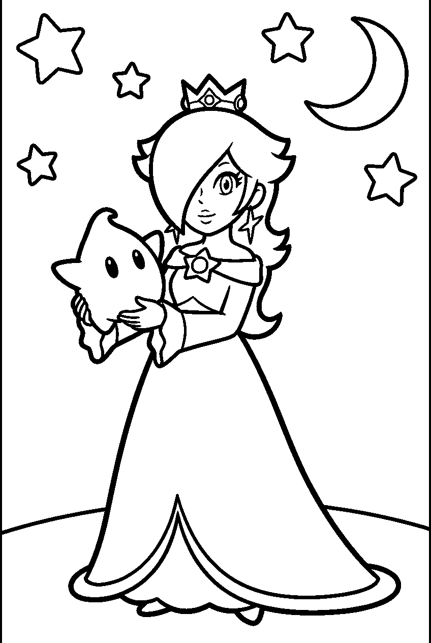 rosalina holding luma beneath a starry sky line art