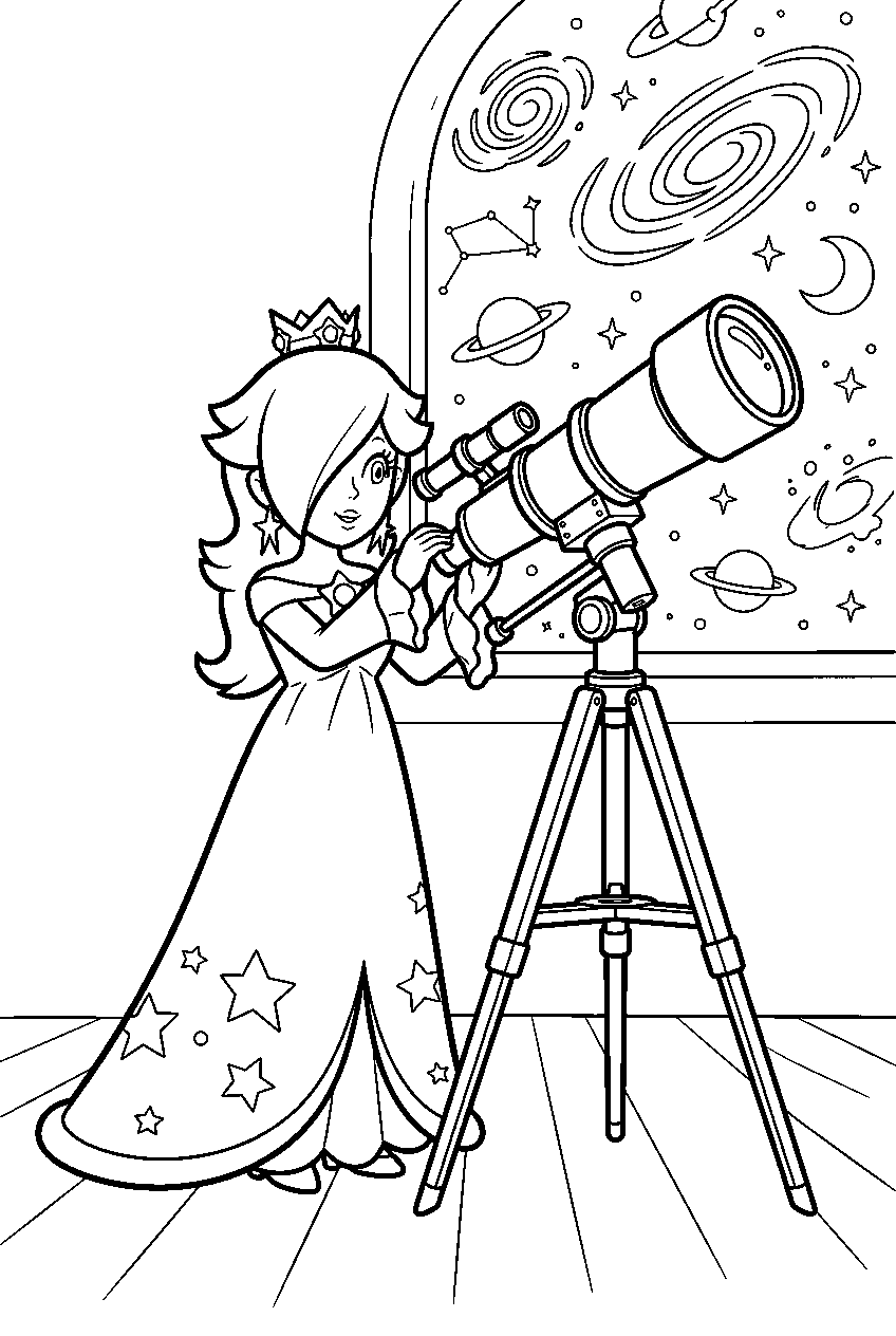rosalina looking through a telescope at a galaxy line art