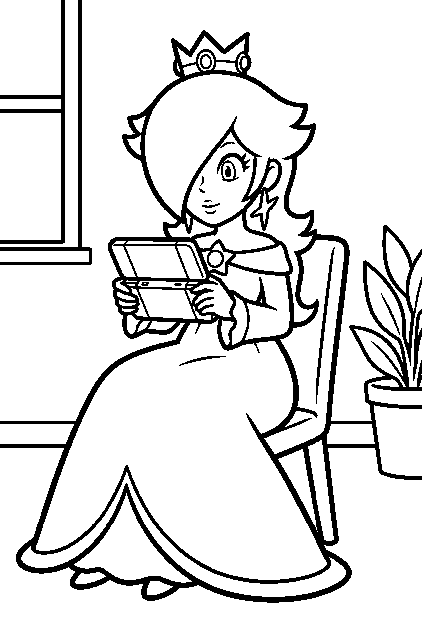 rosalina playing a handheld video game in a room line art