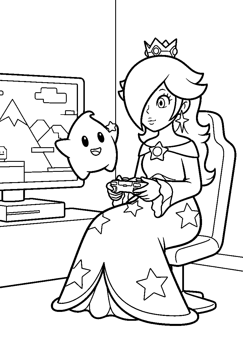 rosalina playing a video game with luma watching line art