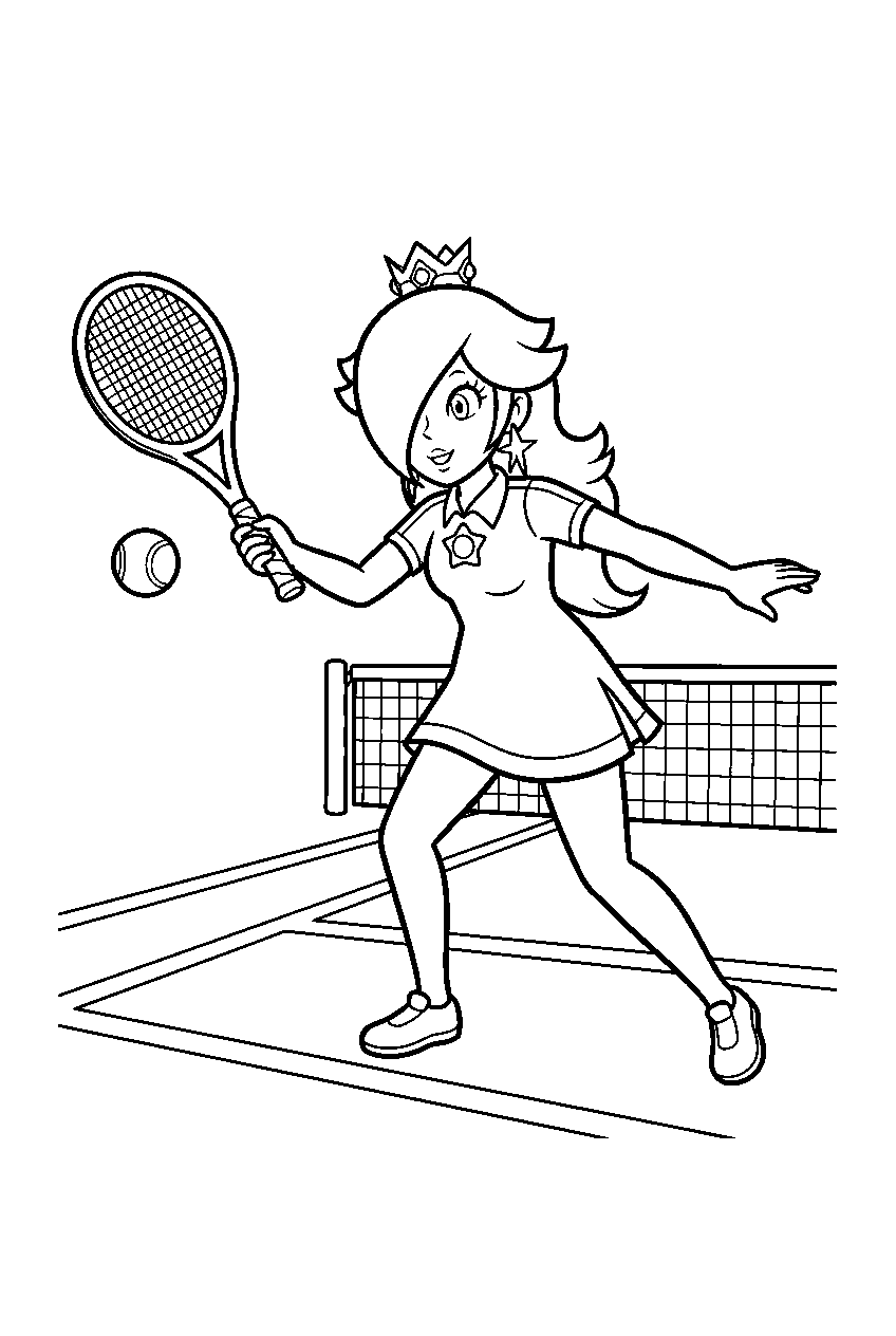 rosalina playing tennis with a racket and ball on a tennis court line art