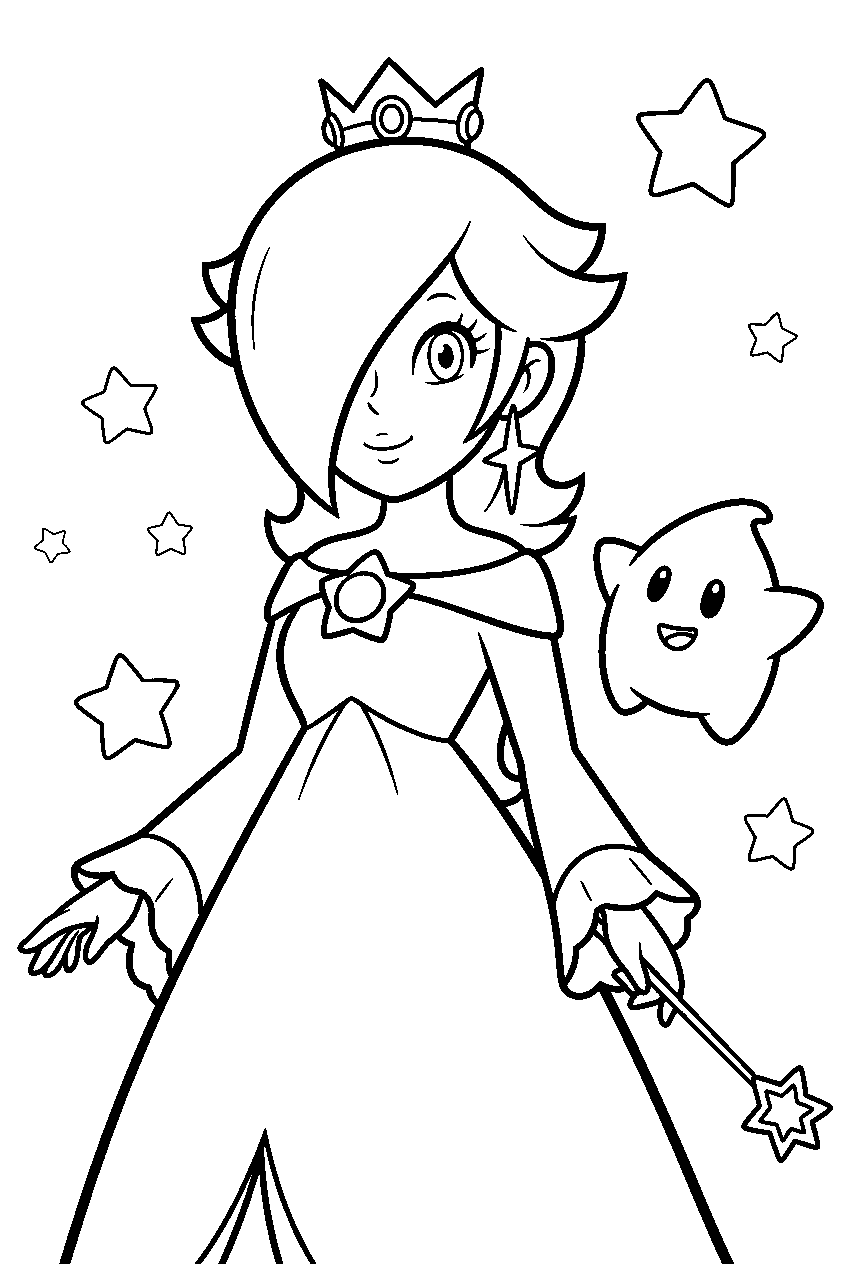 rosalina posing with luma and stars in the background line art