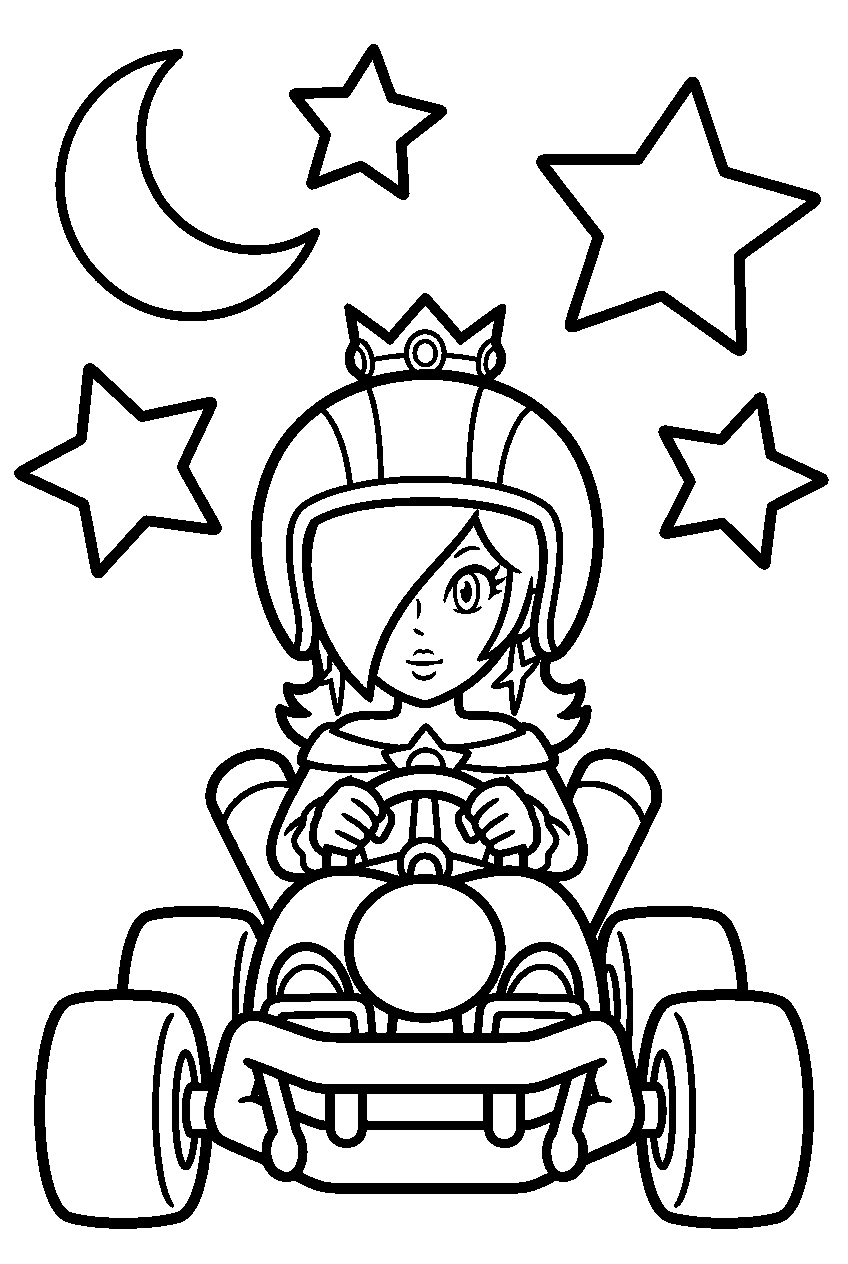 rosalina racing a kart beneath a starry sky line art