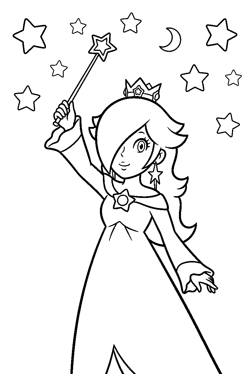 rosalina raising her star wand beneath stars line art