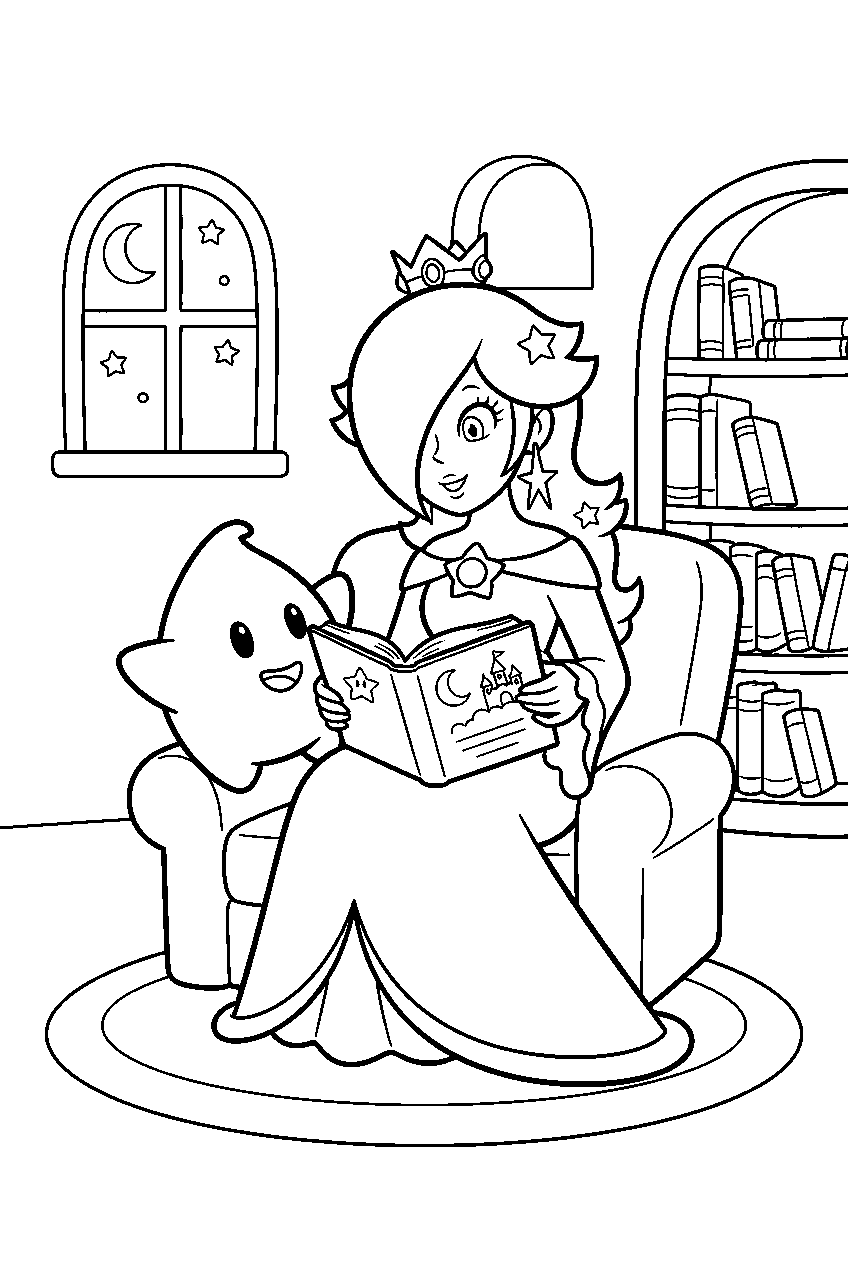 rosalina reading a storybook to luma in a library line art