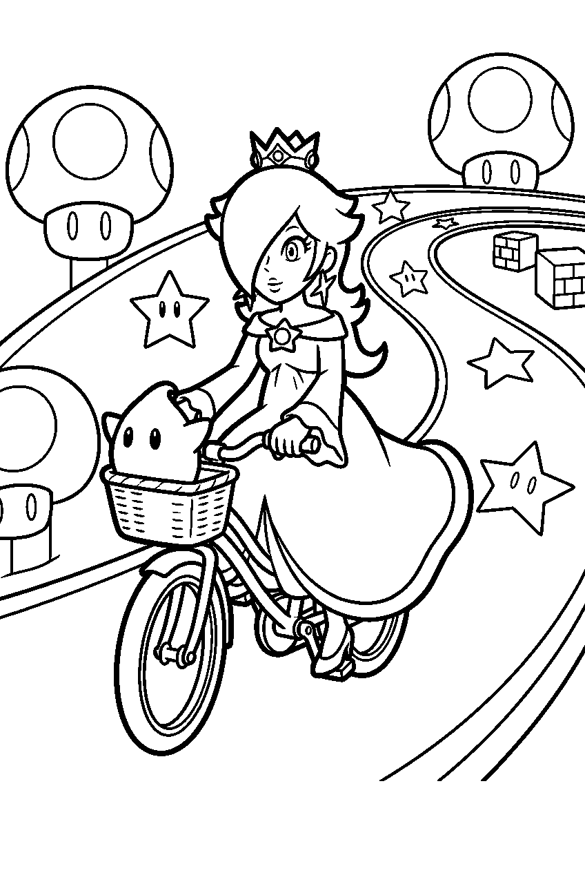 rosalina riding a bike with luma on a mario kart track line art