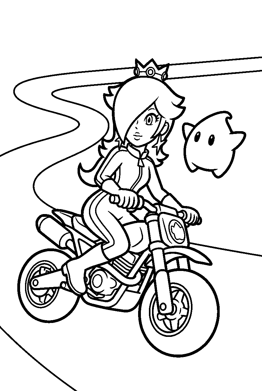 rosalina riding a motorcycle with luma on a mario kart track line art