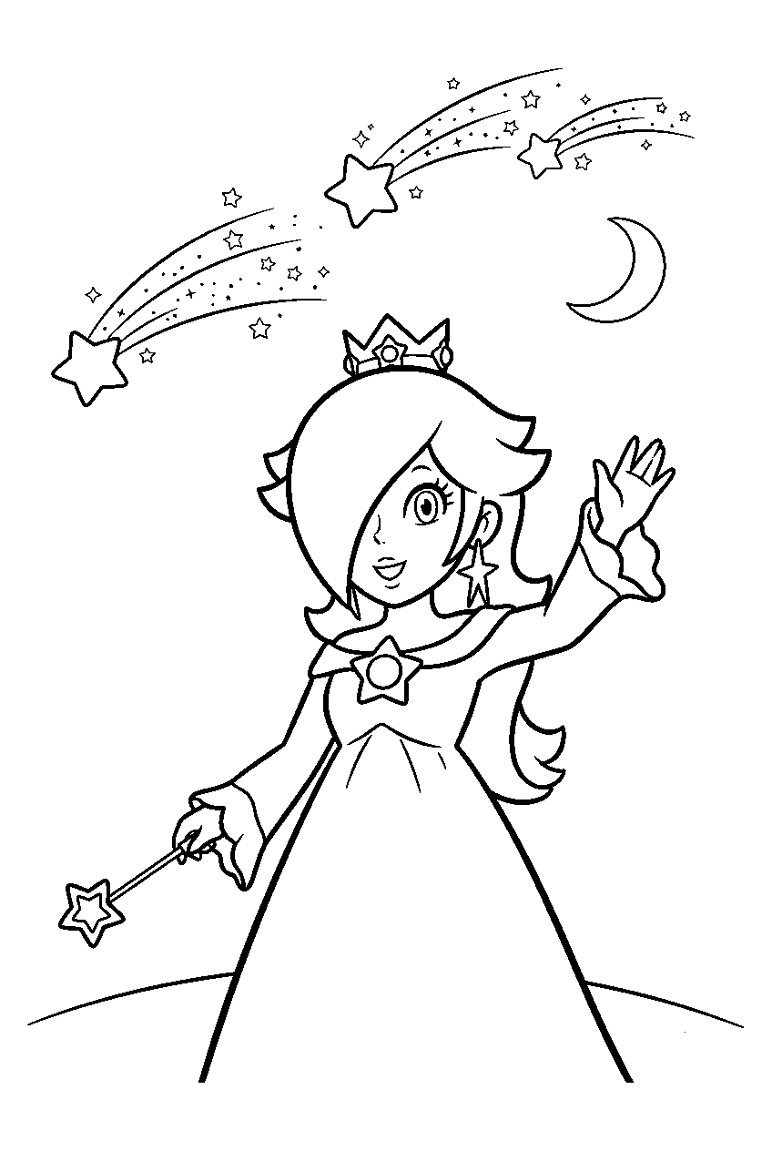 rosalina smiling and waving beneath shooting stars line art