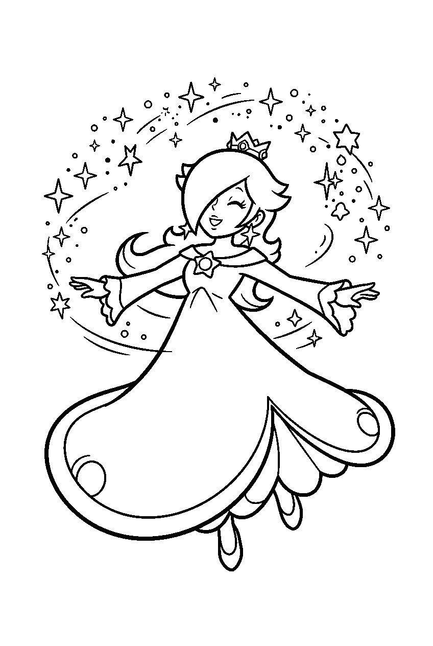 rosalina spinning beneath star shaped sparkles line art