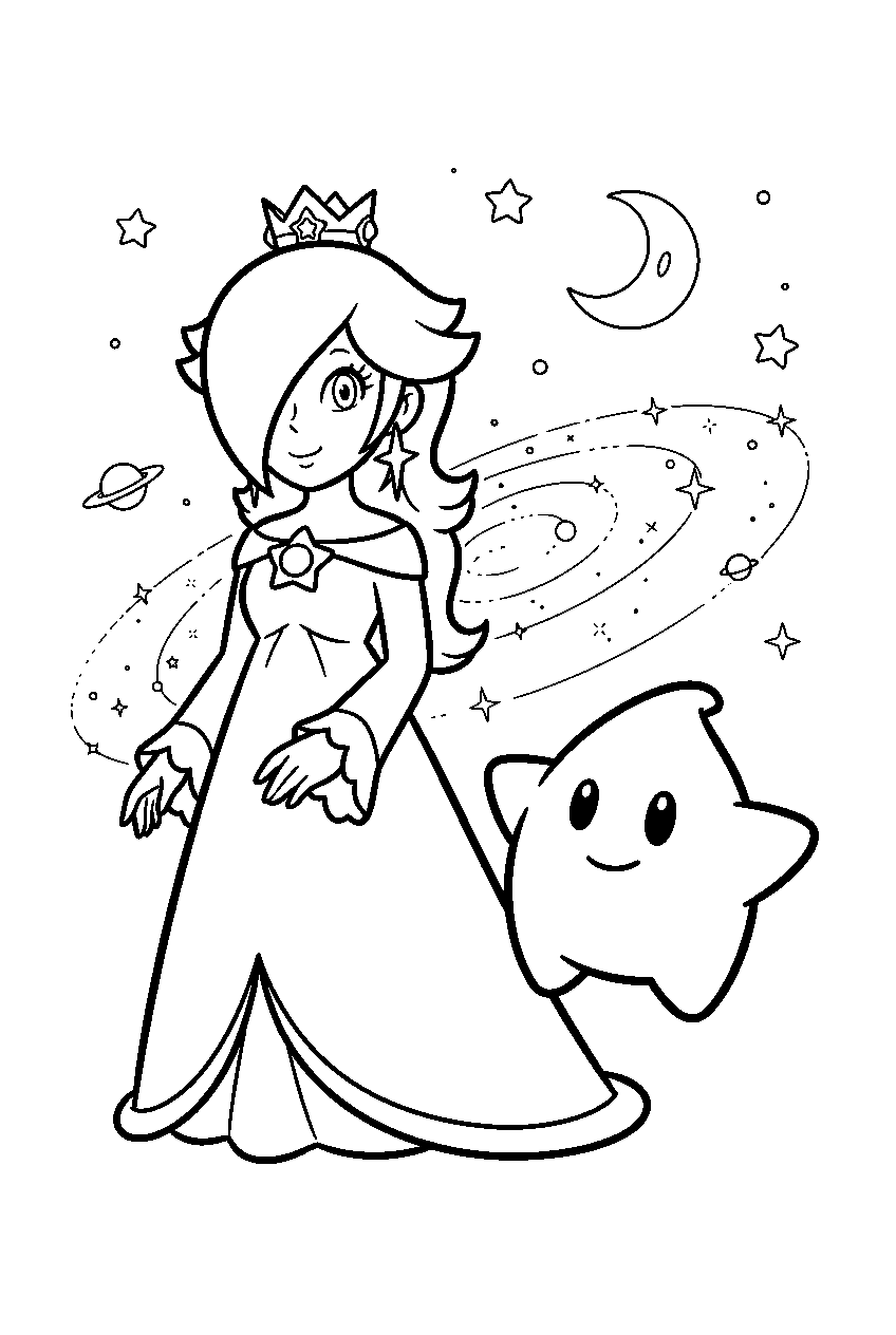 rosalina standing beside a launch star in a galaxy line art