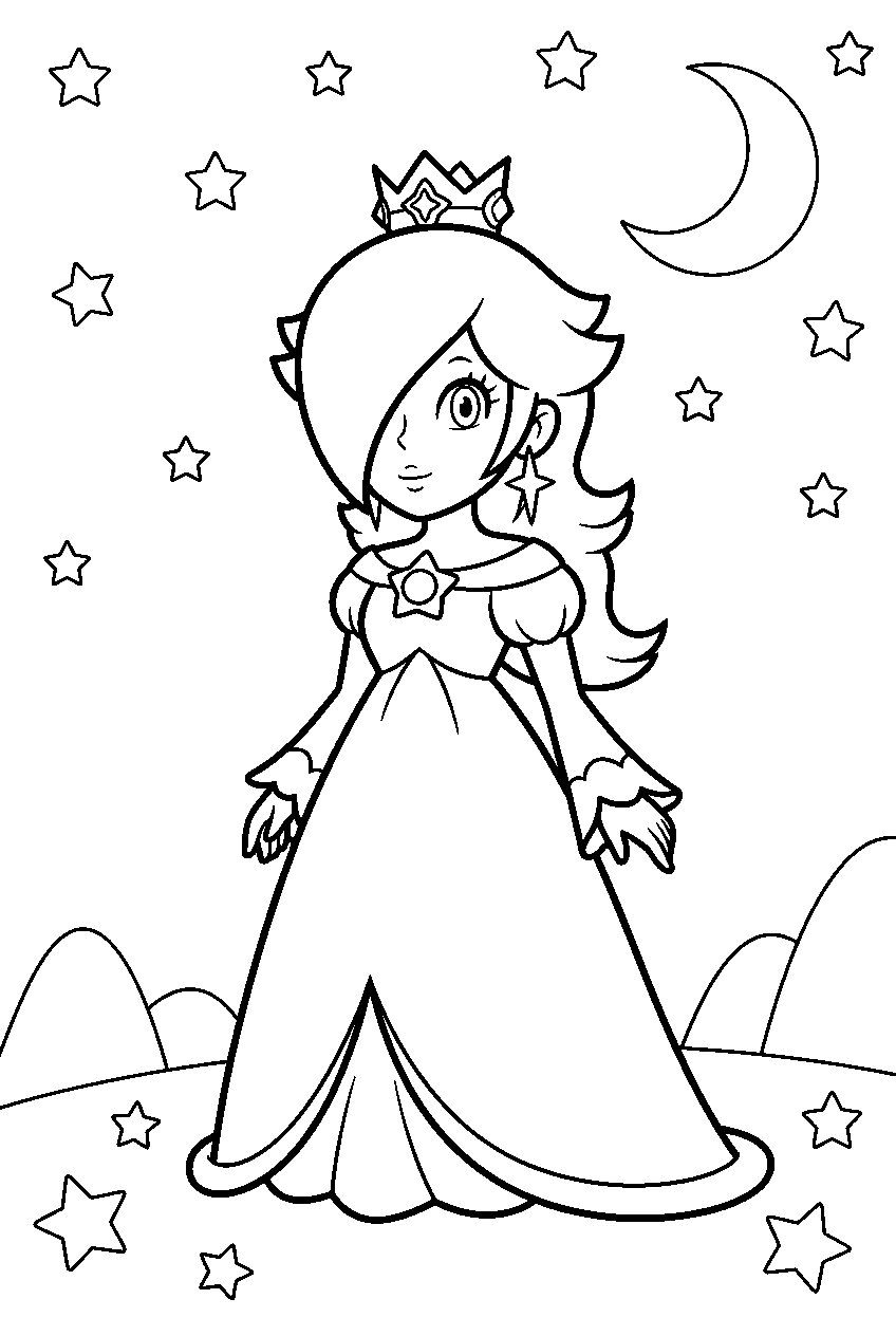 rosalina standing with her crown and dress beneath a starry sky line art