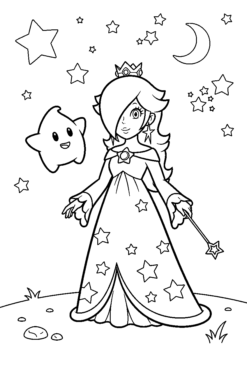 rosalina standing with luma beneath stars line art