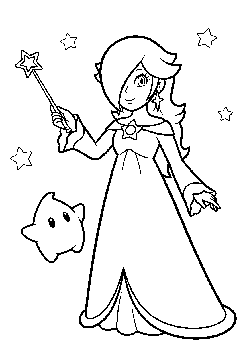 rosalina wearing a long gown and holding her star wand with luma beneath stars line art