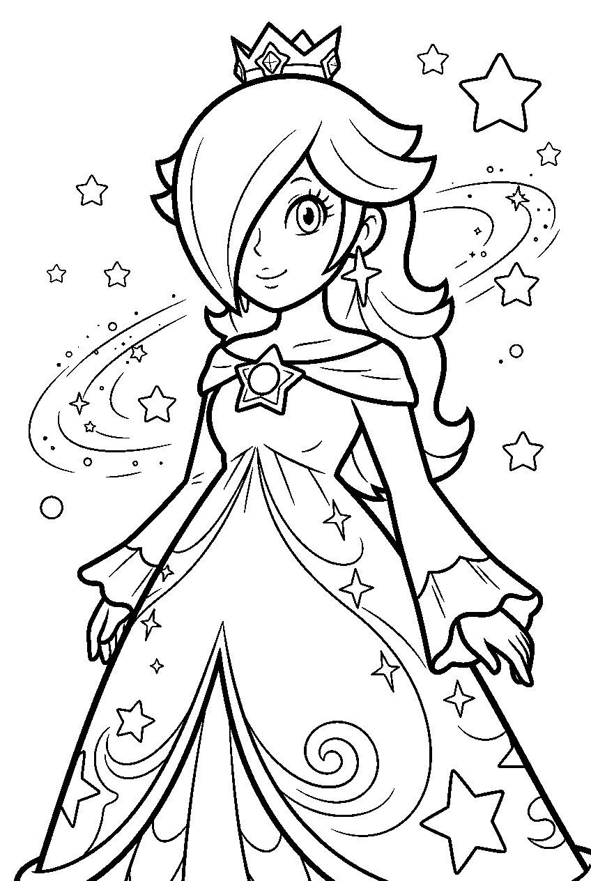 rosalina wearing a sparkling dress beneath stars line art