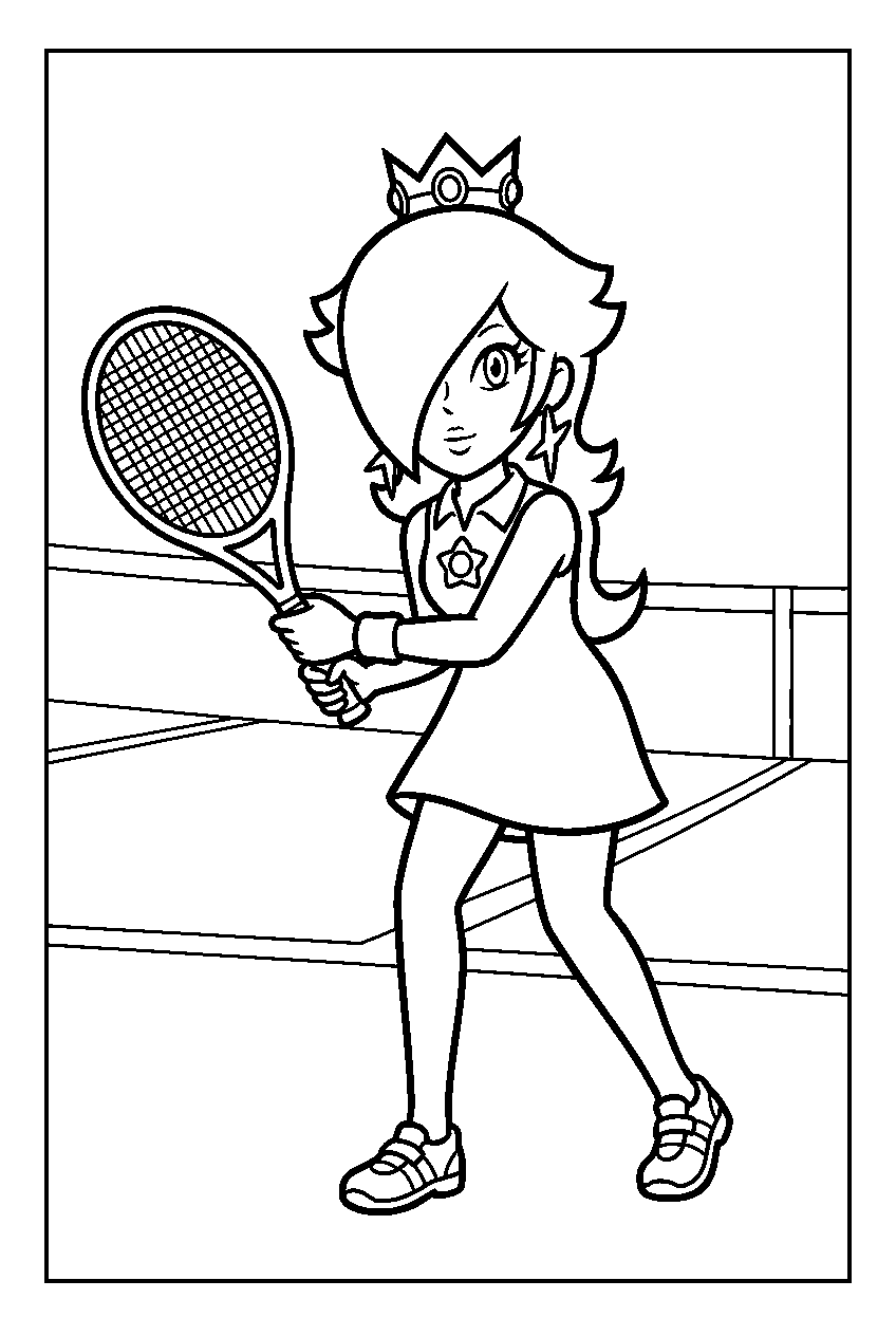 rosalina wearing a tennis dress and crown on a tennis court line art