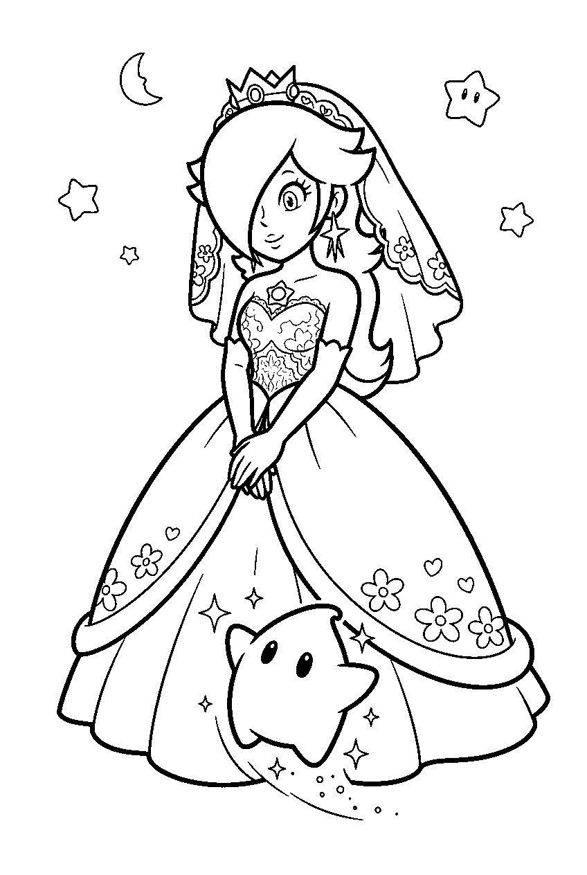 rosalina wearing a wedding dress with luma beneath stars line art