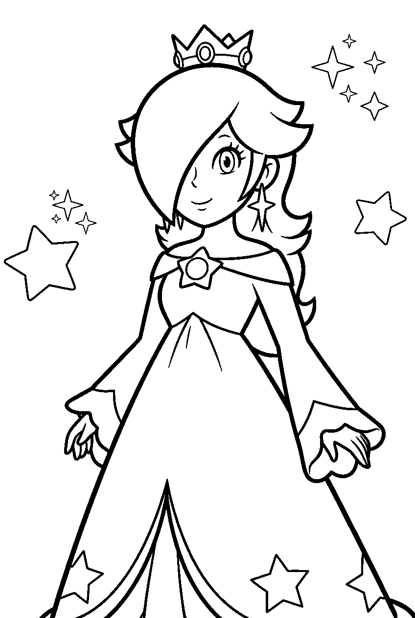 rosalina wearing her detailed gown and crown in a starry sky line art