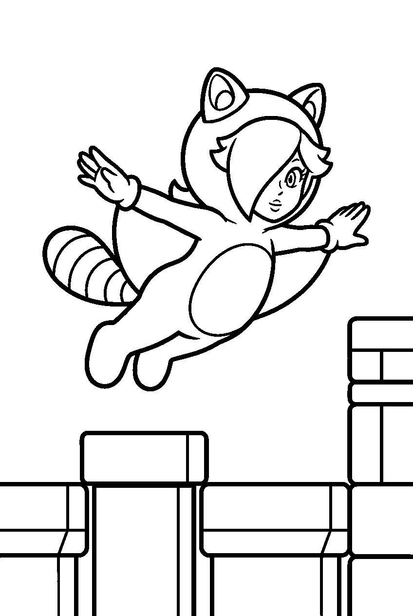 tanooki rosalina gliding above a platform with pipes and blocks line art