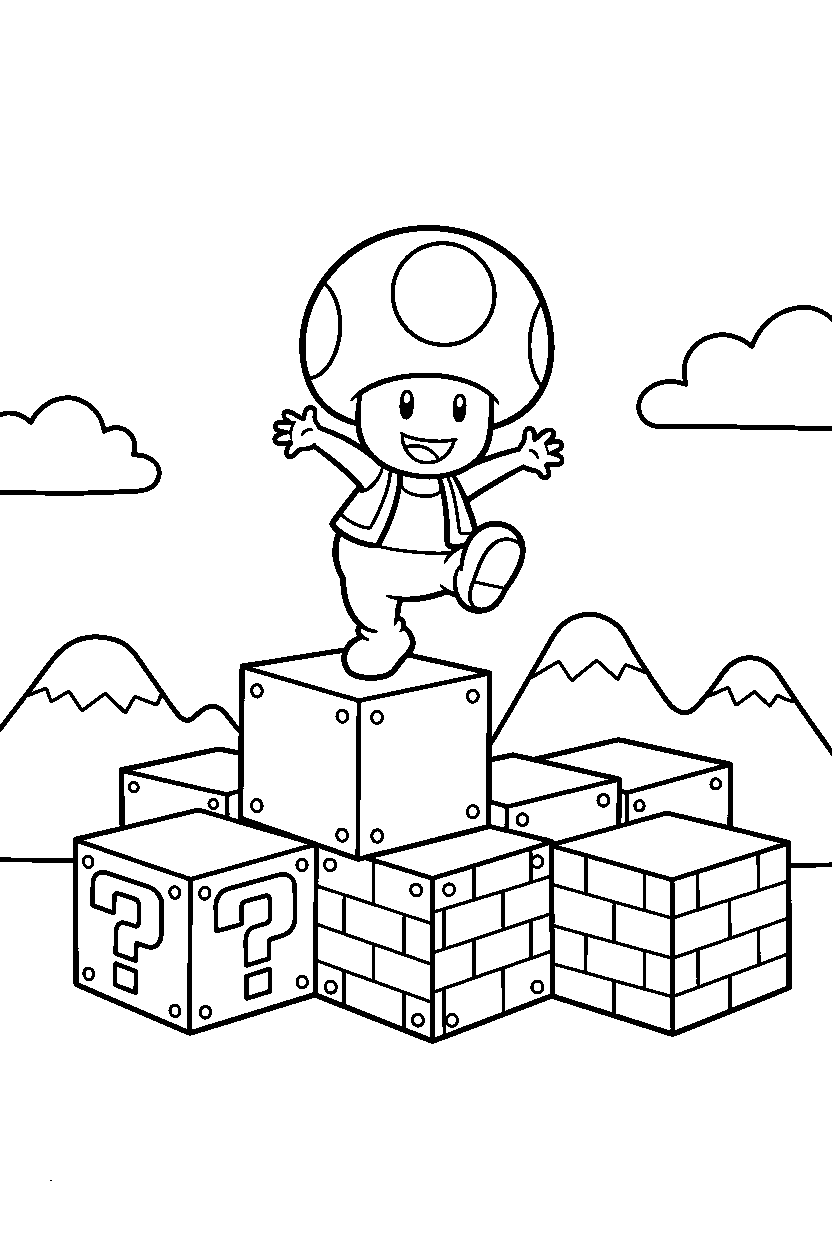mario toad balancing in block field line art