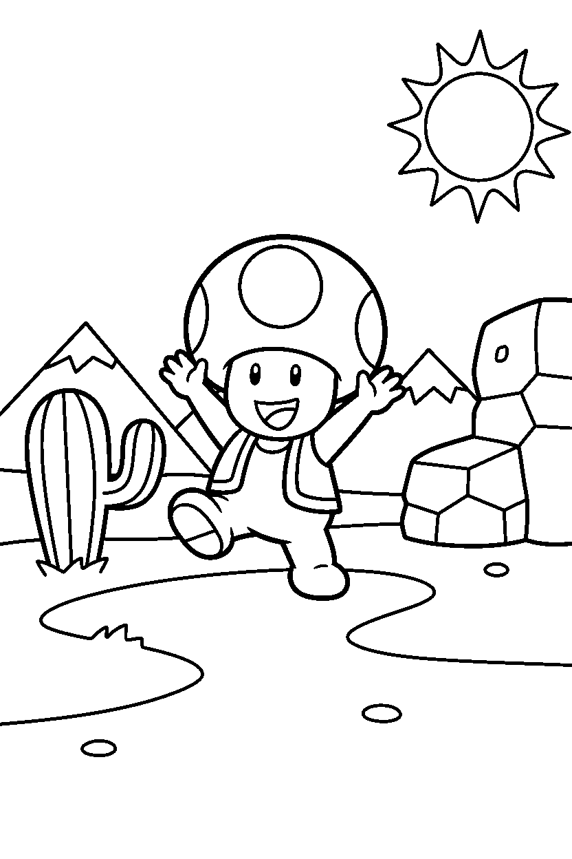 mario toad celebrating happily in a desert level line art